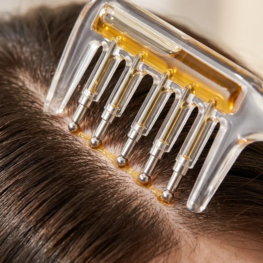 Pontas do Pente Infusor soltando o tônico na risca do cabelo